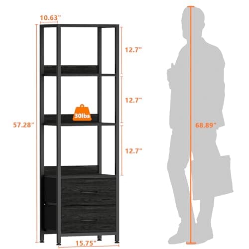 Furnulem 4-Tier Corner Bookshelf with Drawers, 57.28” Tall, Standing Shelf Organizer