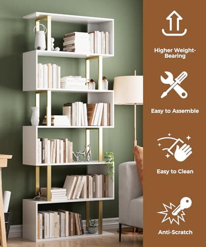 Gadroad 6-Tier Geometric Wood Bookcase, Tall Freestanding Shelf for Living Room or Bedroom