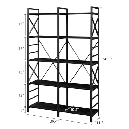 HOMBAZAAR Industrial Double Wide 5 Tier Black Bookshelf