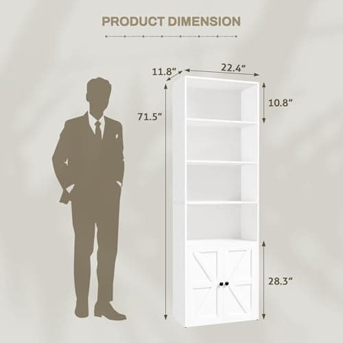 YESHOMY 72" Tall Bookshelf with Doors & 6-Tier Storage, White