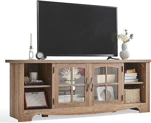 LINSY HOME Sturdy 65 Inch TV Stand with Glass Door Storage & Adjustable Shelves