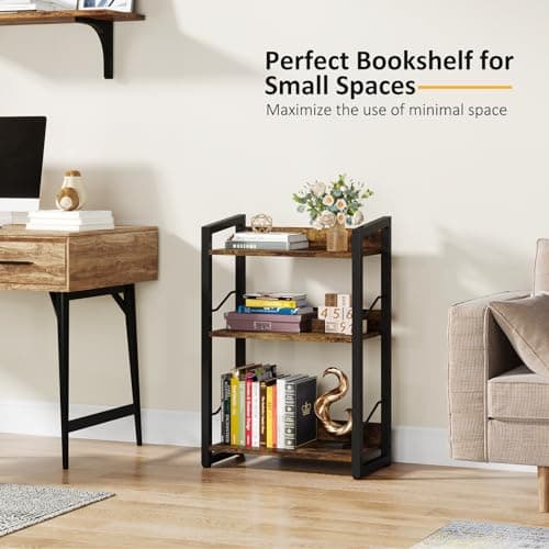 Rustic Brown 3-Tier Industrial Bookshelf for Home Office and Bedroom