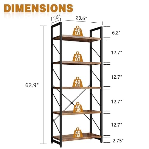 5-Tier Rustic Brown Home Office Bookshelf, Storage Organizer