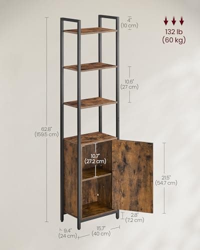 VASAGLE 6-Tier Tall Bookcase with Door, Rustic Brown & Ink Black