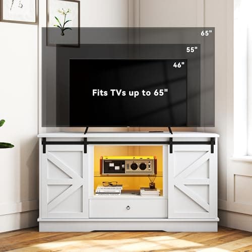 DWVO 65-Inch Corner TV Stand with Sliding Barn Door, Power Outlet, and LED Light - White Media Console, 15.7D x 58W x 31.1H