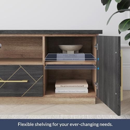 BELLEZE 70 Inch Modern TV Stand with Gold Trim & Storage for Living Room & Home Theater