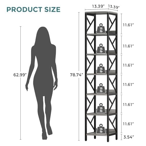 Extra Tall Narrow 78.7 Inch Bookshelf, 7 Tier Gray Brown Storage Organizer for Home Office