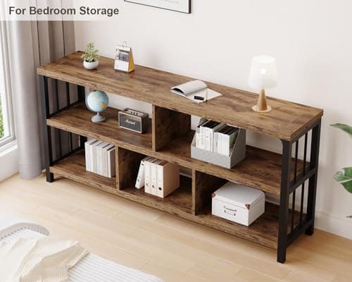 IBF Farmhouse 63" Long Wood Metal Bookshelf with 5 Cube Storage for Home Office and Living Room, Rustic Brown
