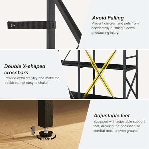 HOMBAZAAR Industrial Double Wide 5 Tier Black Bookshelf