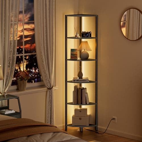Furnulem 6 Tier LED Light Standing Shelf, 67.5” Tall, Black Narrow Bookshelf with Storage