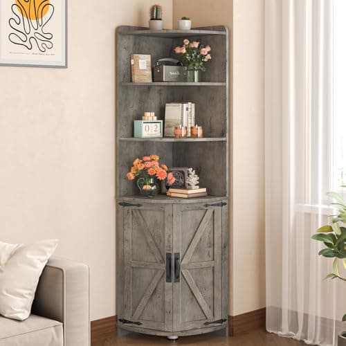 Vintage Grey Farmhouse Corner Cabinet with Barn Doors, 6 Shelves, 65.16" Tall