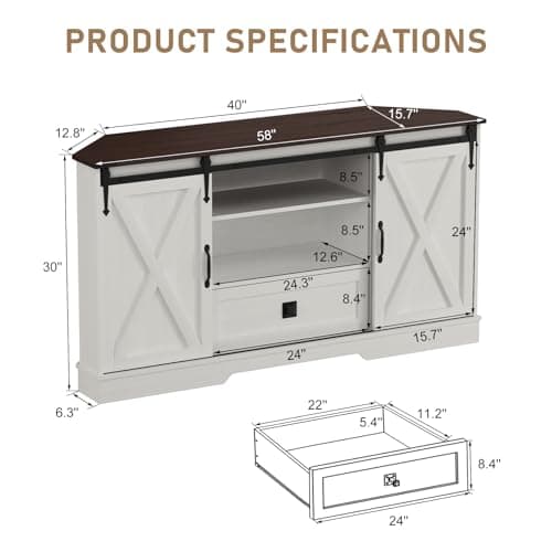 Corner TV Stand for 65 TV with Sliding Barn Door - White Wood Media Console, 58x15.7x31H
