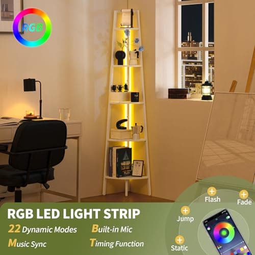 5-Tier Corner Shelf Stand with LED Light for Bedroom and Office