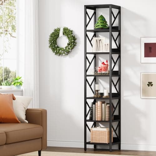 Extra Tall Narrow 78.7 Inch Bookshelf, 7 Tier Gray Brown Storage Organizer for Home Office