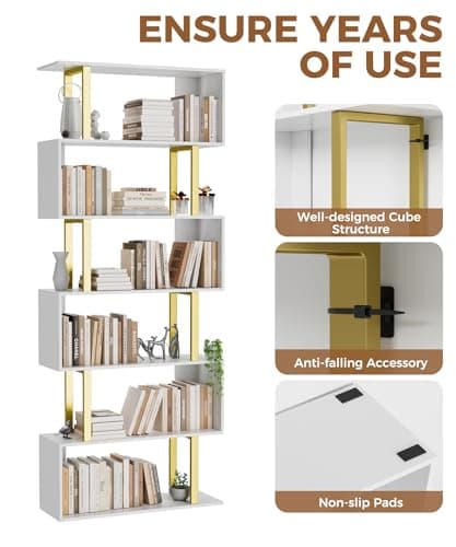 Gadroad 6-Tier Geometric Wood Bookcase, Tall Freestanding Shelf for Living Room or Bedroom