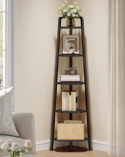 5-Tier Ladder Corner Shelf, 59.6" Tall, Rustic Brown and Black TCJ20BF
