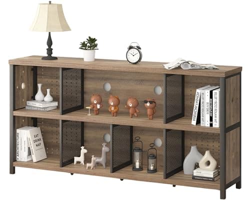 LVB Rustic Horizontal Bookshelf, Industrial Metal Wood Storage Organizer