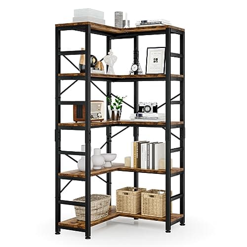 NUMENN 5 Tier Corner Bookshelf, Modern Tall Storage Display for Home Office, Living Room & Bedroom