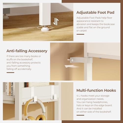 Rolanstar 5-Tier Industrial Wooden Bookshelf with Hooks, White
