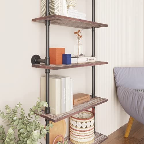 Industrial Pipe Solid Wood Ladder Shelf 5 Tier Wall Mounted Bookcase Storage