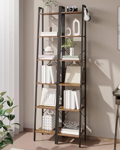 Rustic Brown 6-Tier Ladder Shelf, Bookcase for Home Office & Living Room BC13301B