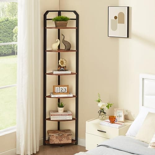 6-Tier Industrial Brown Corner Bookshelf for Home Office & Living Room
