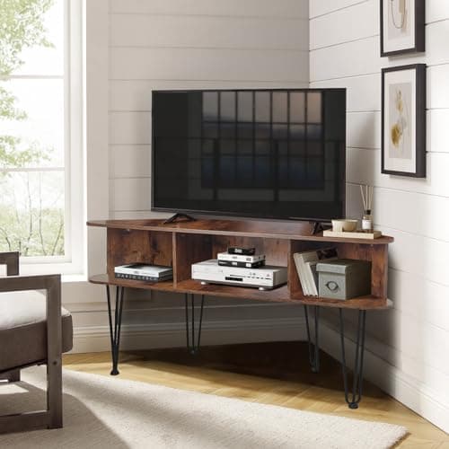 Corner TV Stand with Open Storage and Cable Hole, Brown