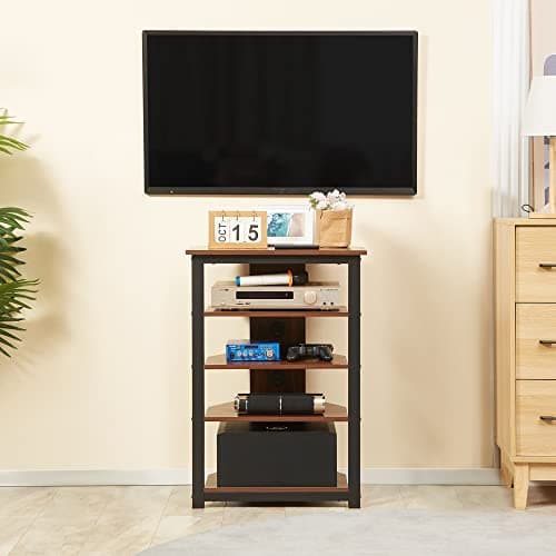 TV Stand with Storage Shelves and Steel Frame for Living Room, Brown Color