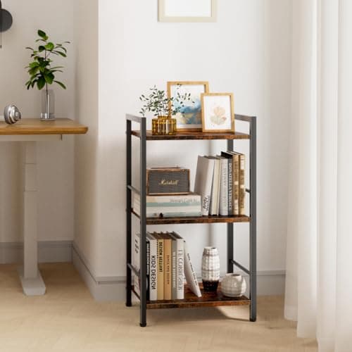 Rustic Brown 3-Tier Metal & Wood Bookshelf for Living Room and Bedroom