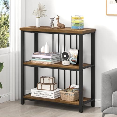 FOLUBAN 3-Tier Industrial Metal & Wood Bookshelf, Rustic Walnut, for Living Room and Bedroom