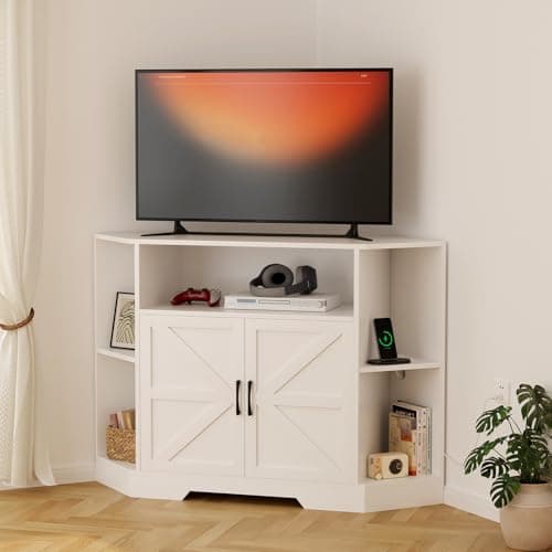 Modern Farmhouse 55 Inch TV Stand with Power Outlet, Wood Console Storage Shelves, White