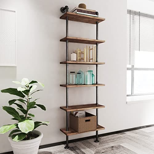 Rustic 6 Tier Wall Ladder Bookshelf for Living Room, Kitchen, Office