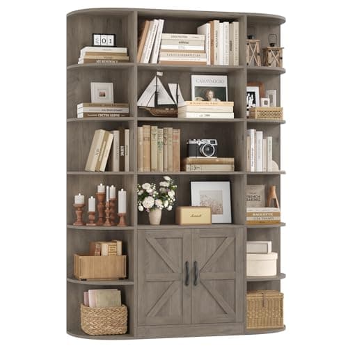 75" Tall BOOK SHELF & BOOKCASE, 6 Tier Storage, 47" Wide with Doors, Dark Brown Wood Shelves, Home Office Cabinet