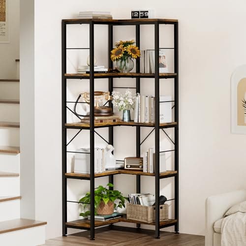 Rustic Brown 5-Tier Industrial L-Shaped Corner Bookshelf, 70.86" Tall