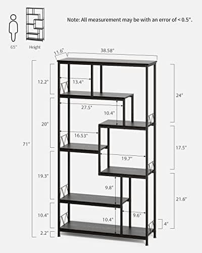 Gizoon 71" Industrial Black Staggered Bookshelves 8-Shelves for Bedroom, Living Room, Home Office