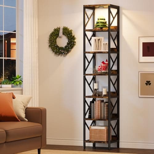 Extra Tall Narrow 78.7 Inch Bookshelf, 7 Tier Gray Brown Storage Organizer for Home Office