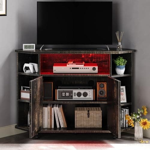 4 EVER WINNER 55-Inch Corner TV Stand with LED Lights and Adjustable Shelves, Farmhouse Style with Barn Doors, White
