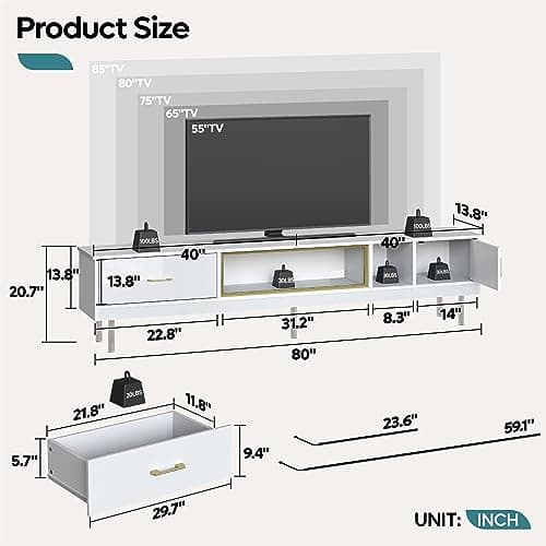Modern TV Stand for 85 inch TV with Storage Drawer & Cabinets in White Gold