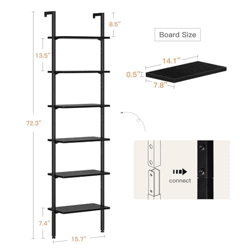 6 Tier ODK Black Metal Ladder Bookshelf, Wall Mounted