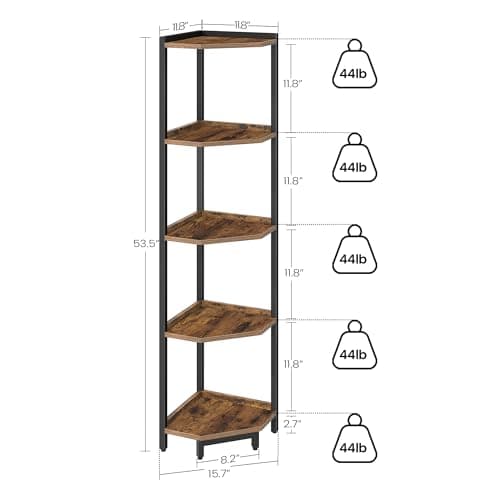 Rustic Brown 5-Tier Corner Shelf Stand, Storage Bookcase for Living Room, Home Office, Bedroom