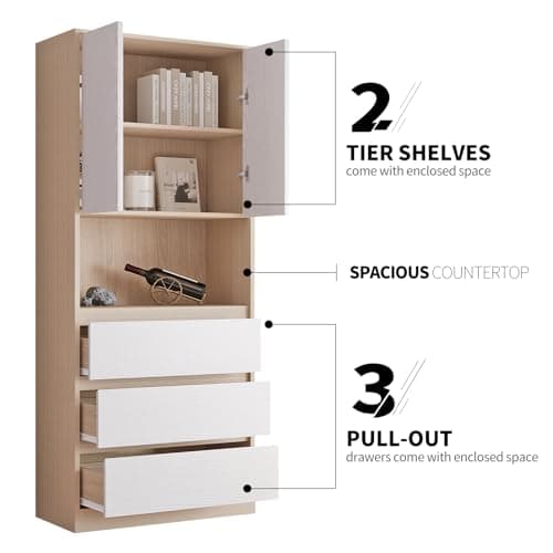 VOWNER 5-Tier Modern Bookcase with 3 Drawers & Glass Display Shelf