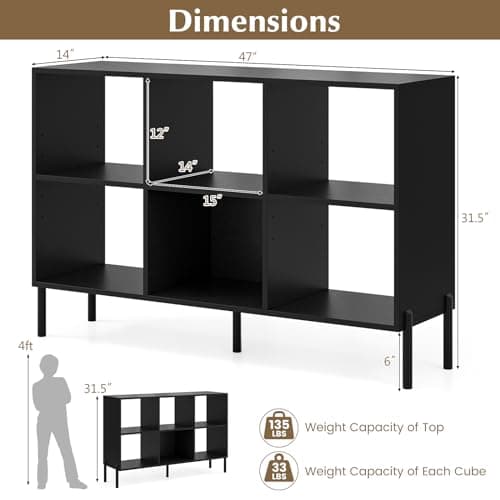 Giantex 6 Cube Bookcase, 3-Tier Wood Shelf, 47" Long, Anti-Toppling, 31.5" Tall