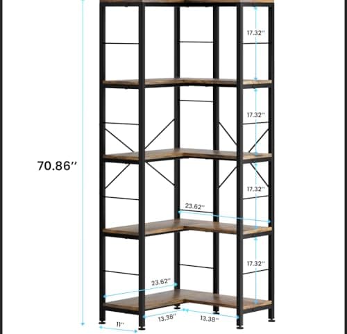 Rustic Brown 5-Tier Industrial L-Shaped Corner Bookshelf, 70.86" Tall