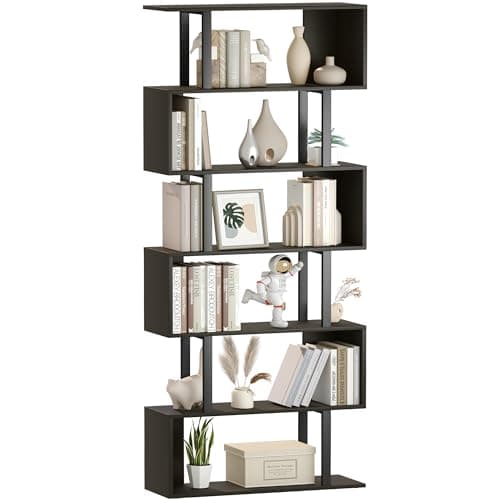 Yusong 5-Tier Geometric S-Shaped Bookshelf, Modern Rustic Brown Home Office Decor