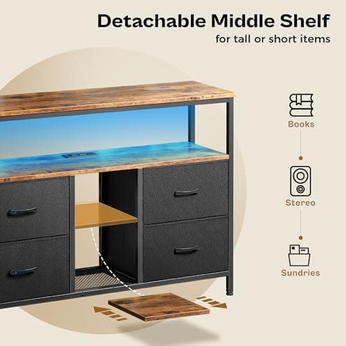 Rustic TV Stand Dresser with Power Outlets and LED Lights for 50 43 Inch TV