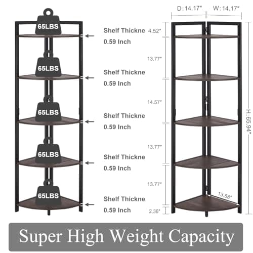FATORRI Walnut Brown Rustic Tall 5-Tier Industrial Corner Bookshelf