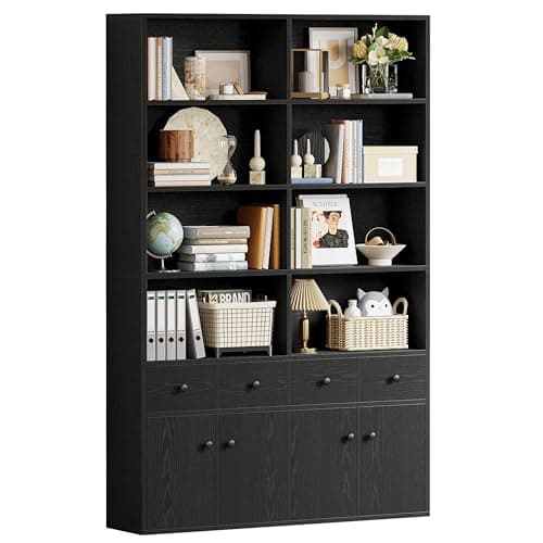 IRONCK Vintage Black Tall Storage Cabinet with 4 Drawers & 4 Doors, 6 Tier Bookshelf for Living Room