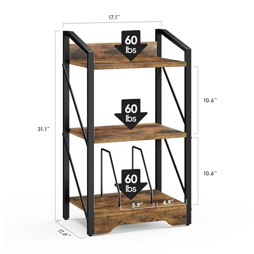 Vagusicc 3-Tier Industrial Metal Bookshelf, Brown, for Living Room and Home Office