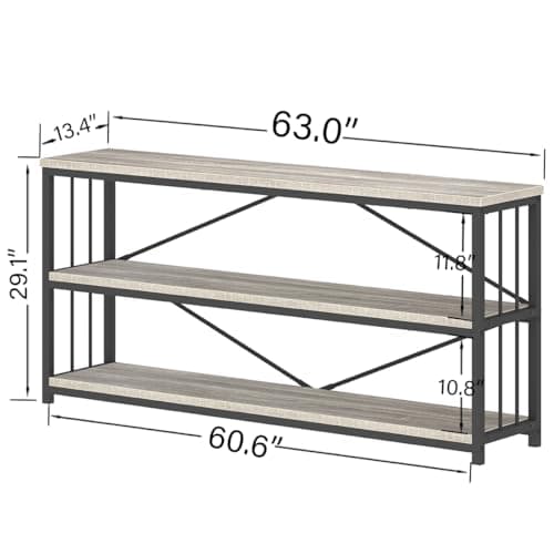 Industrial Modern 3 Tier Grey Rustic Metal and Wood Bookshelf, 63" Wide, Light Grey Oak, Living Room and Bedroom Storage