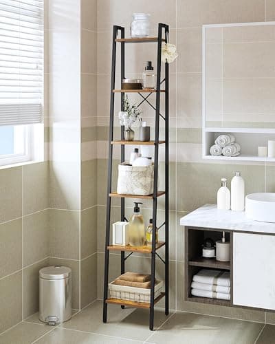 Rustic Brown 6-Tier Ladder Shelf, Bookcase for Home Office & Living Room BC13301B